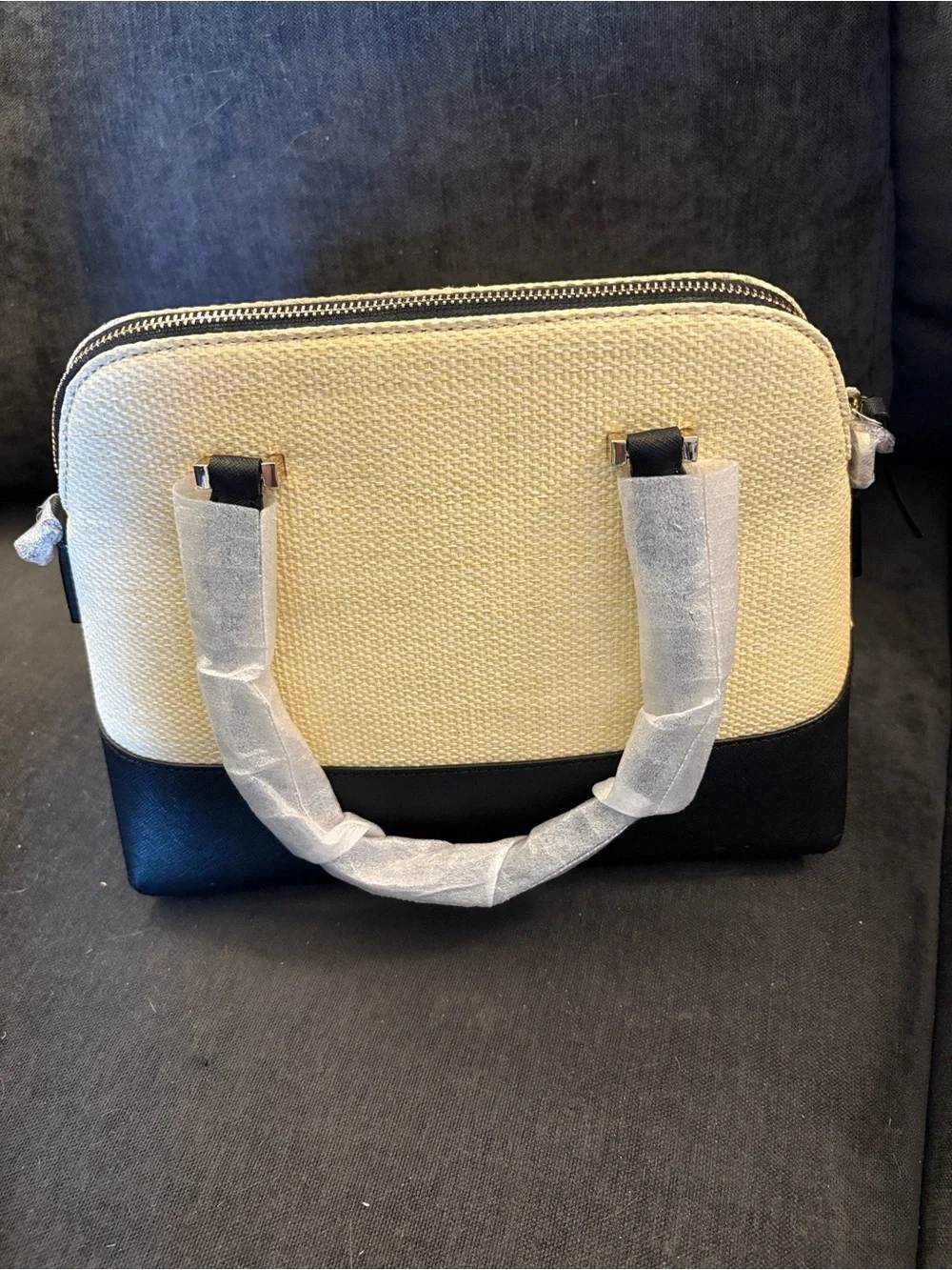 kate spade Cream Straw and Black Leather Satchel